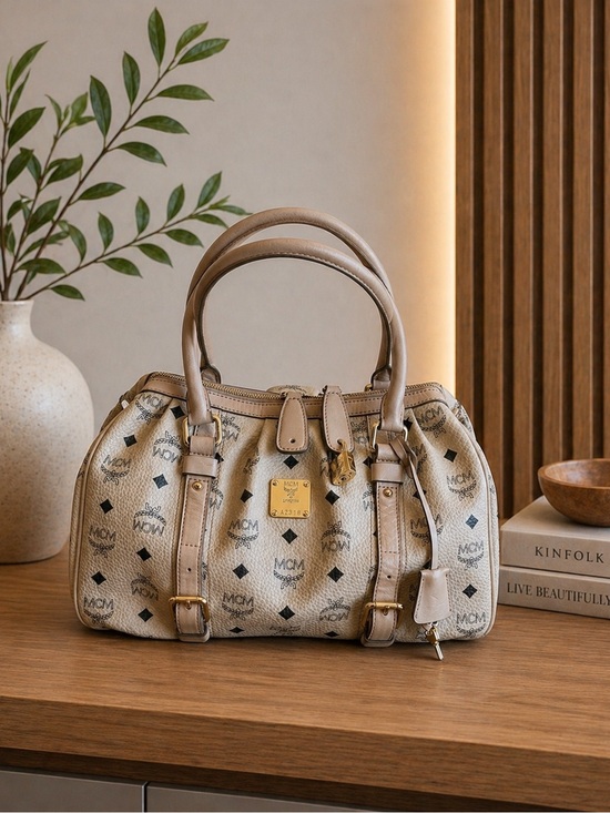 MCM Handbags - MCM Beige Visetos Leather Boston Bag with Gold Hardware